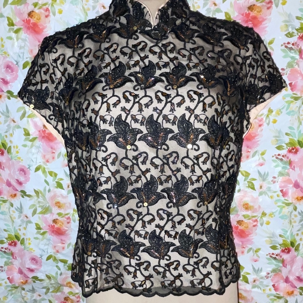 Vintage J. Peterman Co Mandarin Collar Beaded Top-NOS